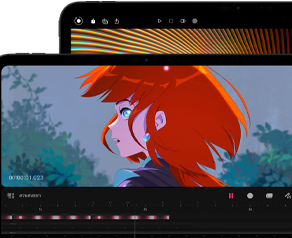 ตัวเครื่องภายนอกด้านหน้า, แนวนอน, สีดำสเปซแบล็ค, มุมมน, ขอบจอภาพสีดำ, จอภาพรุ่น 11 นิ้ว แสดงภาพสีสันสวยงามของตัวละครผมสีแดง, จอภาพรุ่น 13 นิ้ว แสดงองค์ประกอบอินเทอร์เฟซในการปรับแต่งรูปภาพหลากสีสัน