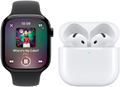 Apple Watch Series 11, ตัวเรือนไทเทเนียมเทาสเลท, สาย: สายแบบ Sport Band สีดำ, แอป Apple Music เปิดอยู่, จับคู่กับ AirPods 4