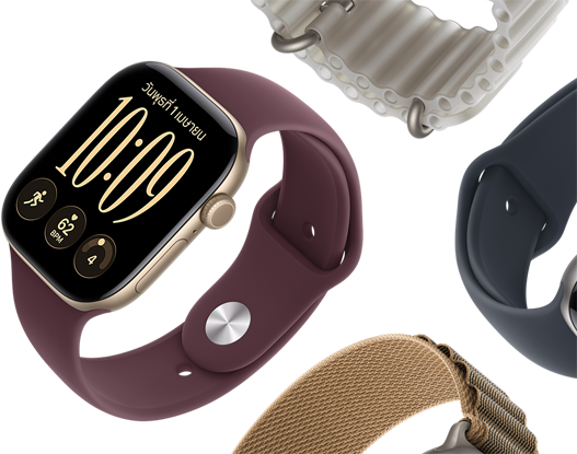สายสำหรับ Apple Watch Series 11: สายแบบ Sport Band สีม่วงควันหมอก, สายแบบ Ocean Band สีน้ำเงินแองเคอร์บลู, สายแบบ Alpine Loop สีฟ้าอ่อน