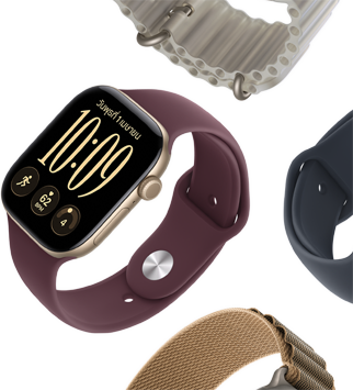 สายสำหรับ Apple Watch Series 11: สายแบบ Sport Band สีม่วงควันหมอก, สายแบบ Ocean Band สีน้ำเงินแองเคอร์บลู, สายแบบ Alpine Loop สีฟ้าอ่อน