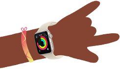 ภาพการ์ตูนแสดงแขนของเด็กสองคน, ทั้งคู่สวม Apple Watch SE 3, เรือนหนึ่งแสดงแอปกิจกรรม, อีกเรือนหนึ่งแสดงแอปข้อความ