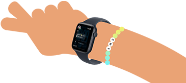 ภาพการ์ตูนแสดงแขนของเด็กสองคน, ทั้งคู่สวม Apple Watch SE 3, เรือนหนึ่งแสดงแอปกิจกรรม, อีกเรือนหนึ่งแสดงแอปข้อความ