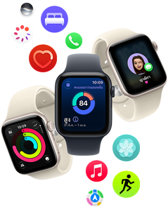อุปกรณ์ Apple Watch SE 3 สามเรือนลอยอยู่ข้างกัน เรือนหนึ่งแสดงวงแหวนกิจกรรม เรือนหนึ่งแสดงคะแนนการนอนหลับ และอีกเรือนหนึ่งแสดงข้อความที่เข้ามา