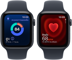 อุปกรณ์ Apple Watch SE 3 สองเรือน, ทั้งสองเรือนมาพร้อมตัวเรือนอะลูมิเนียม, สีมิดไนท์พร้อมสายแบบ Sport Band สีนาวีบลู, เรือนหนึ่งแสดงคะแนนการนอนหลับ, เรือนหนึ่งแสดงแอปอัตราการเต้นของหัวใจ, ภายนอกด้านขวา, Digital Crown
