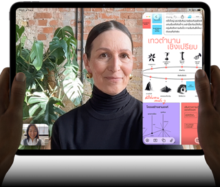 ตัวเครื่องภายนอกด้านหน้าของ iPad Pro, วางในแนวนอน, สีดำสเปซแบล็ค, มุมมน, ขอบจอภาพสีดำ, มือข้างหนึ่งถือบริเวณด้านซ้ายและอีกข้างหนึ่งถือบริเวณด้านขวา, จอภาพแสดงการสนทนาทาง FaceTime ที่มีแอปเพื่อการศึกษาที่แสดงงานนำเสนอเรื่อง "เทวตำนานเปรียบเทียบ" พร้อมข้อความ ไดอะแกรม และโน้ตที่เขียนด้วยลายมือ