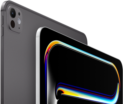 ตัวเครื่องภายนอกด้านหลังของ iPad Pro สีดำสเปซแบล็ค แสดงปุ่มปรับระดับเสียงและระบบกล้องระดับโปร, ตัวเครื่องภายนอกด้านหน้าของ iPad Pro สีเงิน แสดงมุมมนและขอบจอภาพสีดำ, จอภาพแสดงพื้นหลังสีดำที่มีลายเส้นนามธรรมหลากสีสัน