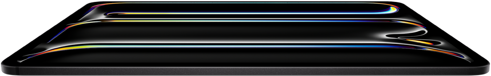 ตัวเครื่องภายนอกด้านหน้าของ iPad Pro สีดำสเปซแบล็ค แสดงตัวเครื่องอะลูมิเนียมและกระจกที่มีดีไซน์บางเฉียบ และเอียงไปด้านหลังโดยที่จอภาพแสดงงานศิลปะแนวลายเส้นหลากสีสัน