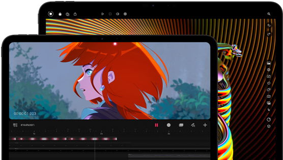 iPad Pro รุ่น 13 นิ้ว และ iPad Pro รุ่น 11 นิ้ว, ตัวเครื่องภายนอกด้านหน้า, แนวนอน, สีดำสเปซแบล็ค, มุมมน, ขอบจอภาพสีดำ, จอภาพรุ่น 11 นิ้ว แสดงภาพสีสันสวยงามของตัวละครผมสีแดง, จอภาพรุ่น 13 นิ้ว แสดงองค์ประกอบอินเทอร์เฟซในการปรับแต่งรูปภาพหลากสีสัน